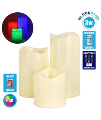 GloboStar® 79553 ΣΕΤ 3 Διακοσμητικών Realistic Κεριών με LED - Μπαταρίας & Ασύρματο Χειριστήριο IR Πολύχρωμα RGB Dimmable